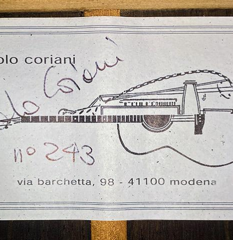 The label of a 2020 Paolo Coriani &quot;Manuel Ramirez&quot; made with spruce top and CSA rosewood back and sides