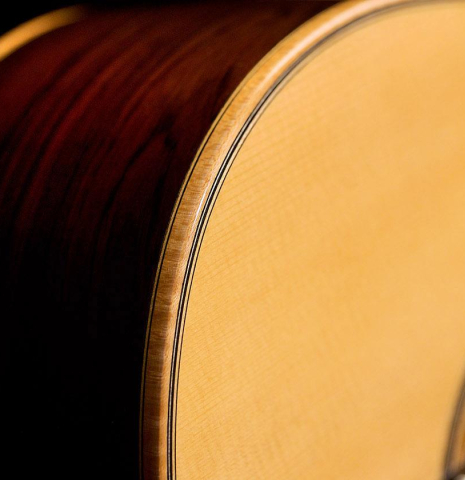 The close-up of a side of a 2020 Paolo Coriani "Manuel Ramirez" made with spruce top and CSA rosewood back and sides