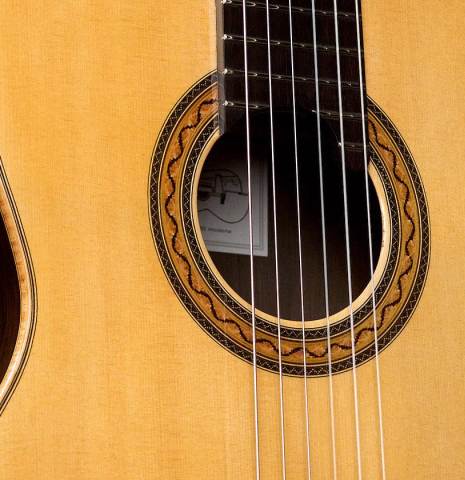 The soundboard and rosette of a 2020 Paolo Coriani "Manuel Ramirez" made with spruce top and CSA rosewood back and sides