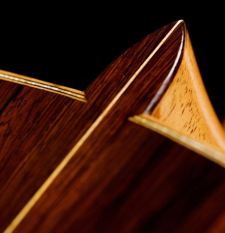 The close-up of the heel of a 2020 Paolo Coriani "Manuel Ramirez" made with spruce top and CSA rosewood back and sides