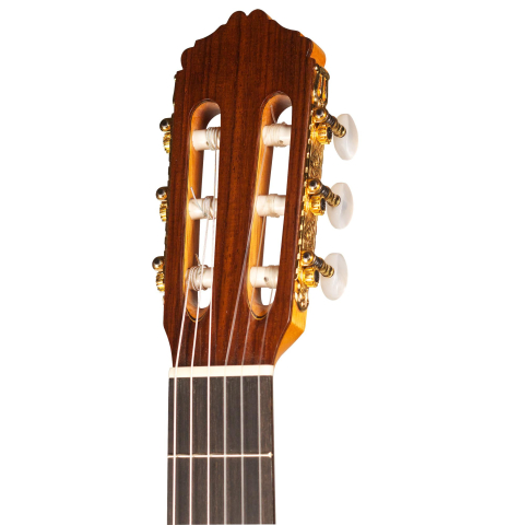 The headstock of a Cordoba Guitars Master Series "Rodriguez" classical guitar made with cedar and Indian rosewood.