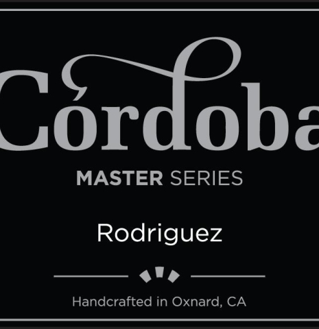 The label of a Cordoba Guitars Master Series "Rodriguez" classical guitar made with cedar and Indian rosewood.