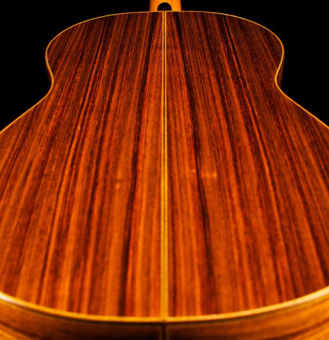 The back of a Cordoba Guitars Master Series "Rodriguez" classical guitar made with cedar and Indian rosewood.