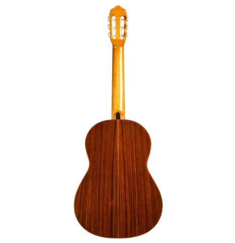 The back of a Cordoba Guitars Master Series "Rodriguez" classical guitar made with cedar and Indian rosewood.