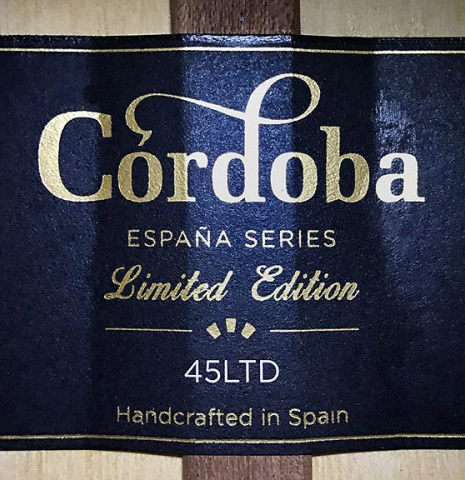 The label of Cordoba "45 Limited" SP/EB classical guitar made with spruce top and White Ebony back and sides