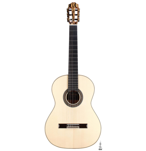 The front of Cordoba "45 Limited" SP/EB classical guitar made with spruce top and White Ebony back and sides