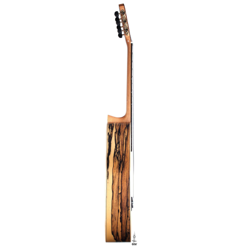 The side of Cordoba "45 Limited" SP/EB classical guitar made with spruce top and White Ebony back and sides
