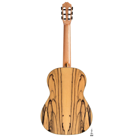 The back of Cordoba "45 Limited" SP/EB classical guitar made with spruce top and White Ebony back and sides