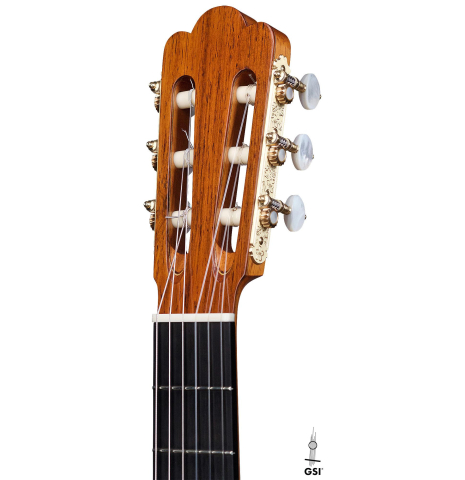 The headstock and machine heads of a 2018 Paolo Coriani 1907 Enrique Garcia copy classical guitar made of spruce and maple
