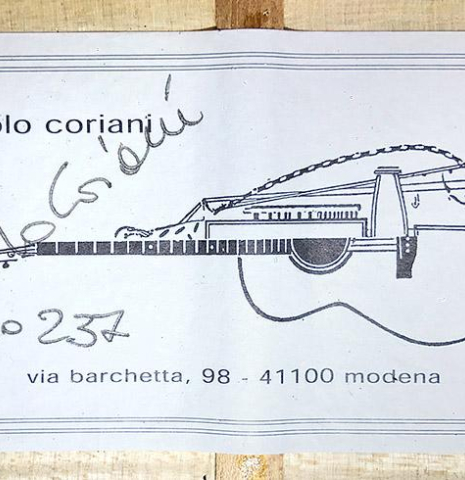 The label of a 2018 Paolo Coriani 1907 Enrique Garcia copy classical guitar made of spruce and maple