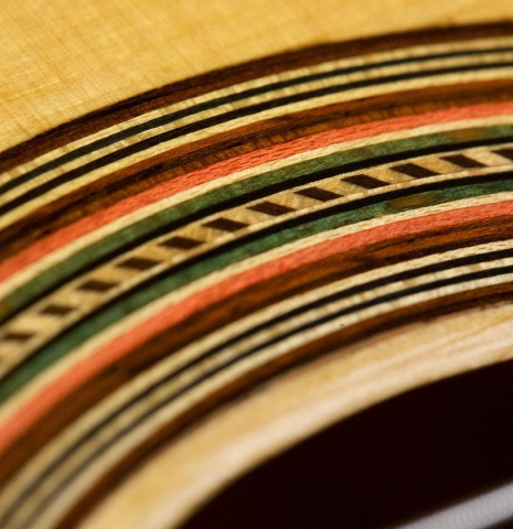 The rosette of a 2018 Paolo Coriani 1907 Enrique Garcia copy classical guitar made of spruce and maple