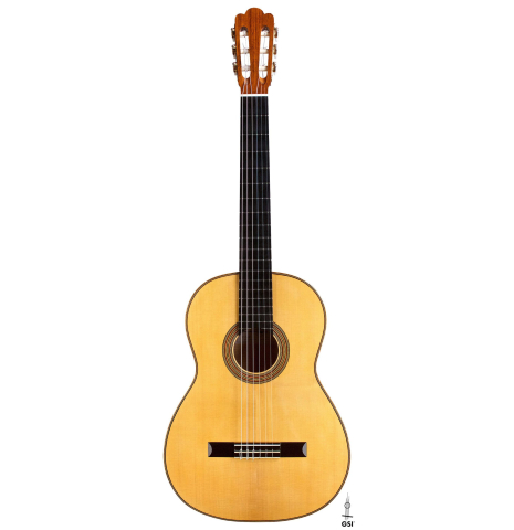 The front of a 2018 Paolo Coriani 1907 Enrique Garcia copy classical guitar made of spruce and maple
