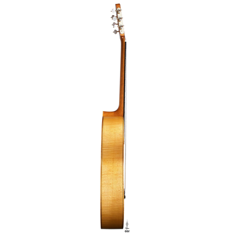 The side of a 2018 Paolo Coriani 1907 Enrique Garcia copy classical guitar made of spruce and maple