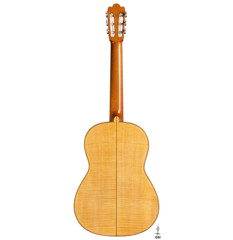 The back of a 2018 Paolo Coriani 1907 Enrique Garcia copy classical guitar made of spruce and maple