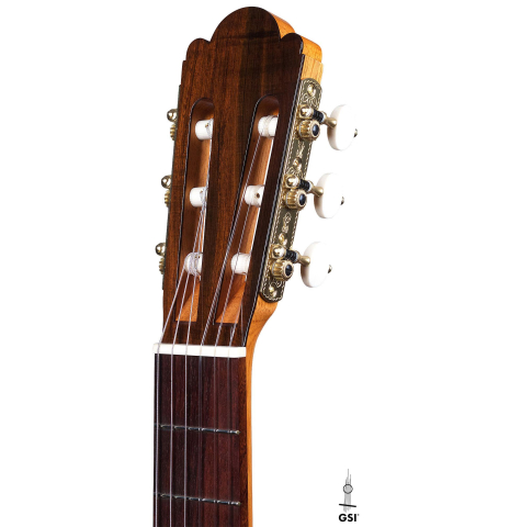 The headstock and tuners of a 2019 Luis Fernandez de Cordoba &quot;Homenaje a Torres&quot; classical guitar made with spruce and Indian laurel.