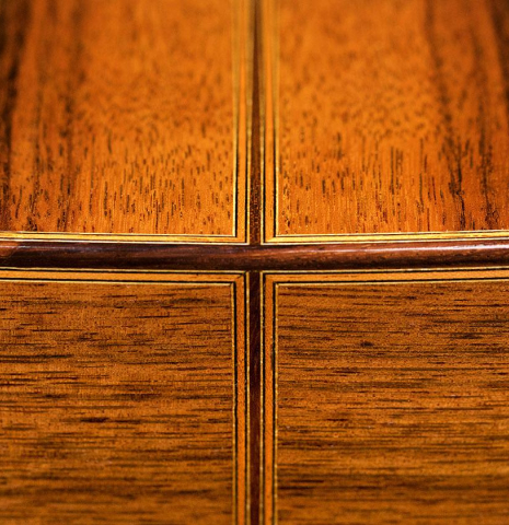 The back and sides of a 2019 Luis Fernandez de Cordoba &quot;Homenaje a Torres&quot; classical guitar made with spruce and Indian laurel.