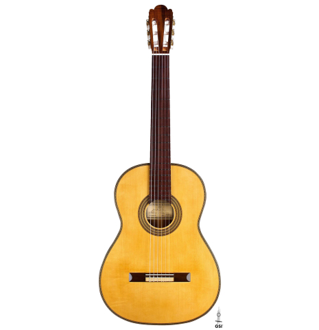 The front of a 2019 Luis Fernandez de Cordoba &quot;Homenaje a Torres&quot; classical guitar made with spruce and Indian laurel.