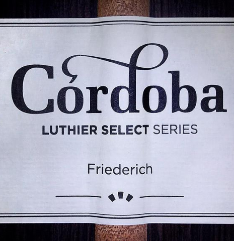 The label of a new Cordoba Luthier Select Series "Friederich" made of cedar and Indian rosewood