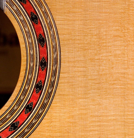 Closeup of rosette detail of a new Cordoba Luthier Select Series "Friederich" made of cedar and Indian rosewood