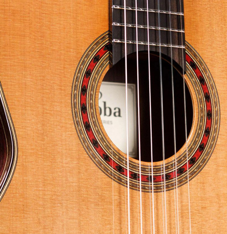 The soundboard and rosette of a new Cordoba Luthier Select Series "Friederich" made of cedar and Indian rosewood