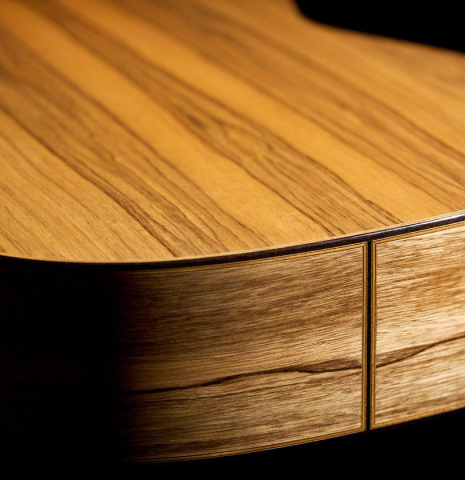 The back and sides of a 2020 Luis Fernandez de Cordoba classical guitar made of spruce and black limba wood.
