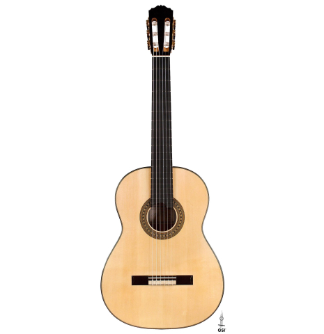 The front of a 2020 Luis Fernandez de Cordoba classical guitar made of spruce and black limba wood.