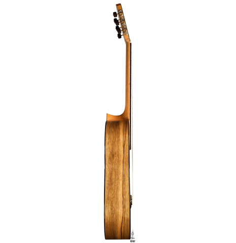 The side of a 2020 Luis Fernandez de Cordoba classical guitar made of spruce and black limba wood.