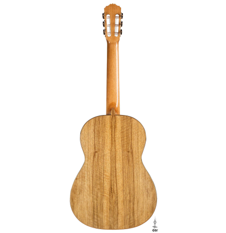 The back of a 2020 Luis Fernandez de Cordoba classical guitar made of spruce and black limba wood.