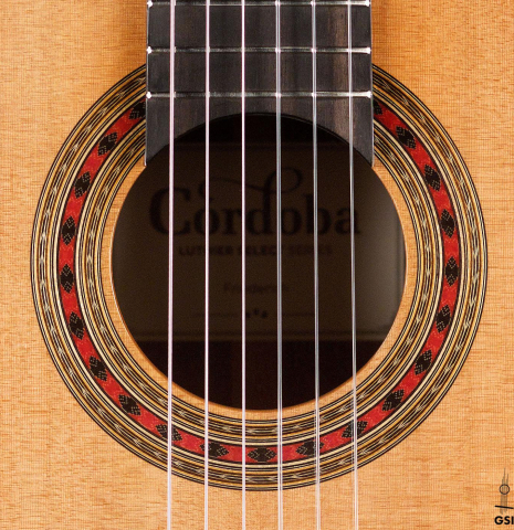 The rosette of a 2022 Cordoba Luthier Select Series &quot;Friederich&quot; made of cedar and Indian rosewood