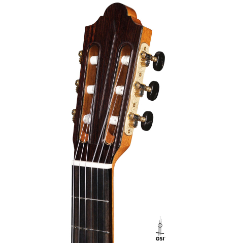 The headstock of a 2022 Cordoba Luthier Select Series &quot;Friederich&quot; made of cedar and Indian rosewood