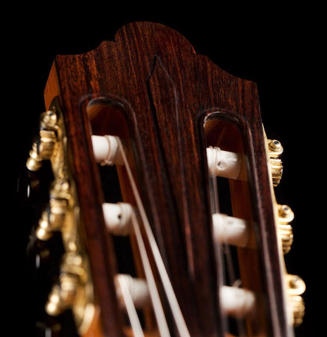 The headstock of a 2022 Cordoba Luthier Select Series &quot;Friederich&quot; made of cedar and Indian rosewood