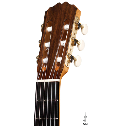 The headstock of a 2022 Luis Fernandez de Cordoba "Tricolor" made of cedar and wenge