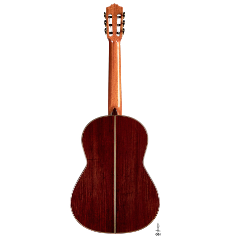 This is the back of a Cordoba &quot;Double Top 25th Anniversary&quot; classical guitar built in 2022 on a white background. This guitar has a cedar soundboard and palo escrito back and sides.
