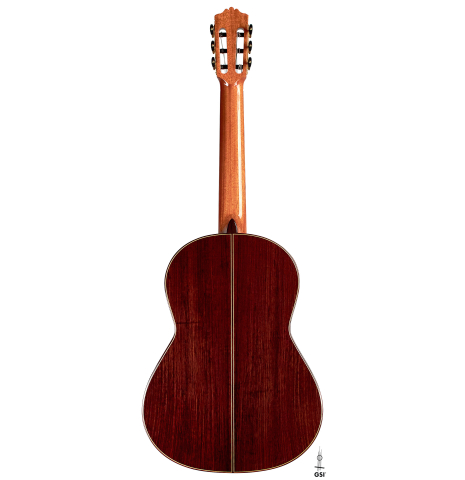 This is the back of a Cordoba "Double Top 25th Anniversary" classical guitar built in 2022 on a white background. This guitar has a cedar soundboard and palo escrito back and sides.