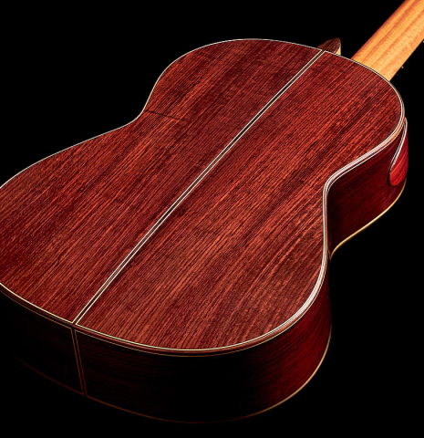 This is the back of a Cordoba "Double Top 25th Anniversary" classical guitar built in 2022. This guitar has palo escrito back and sides.