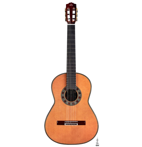 This is the front of a Cordoba "Double Top 25th Anniversary" classical guitar built in 2022 on a white background. This guitar has a cedar soundboard and palo escrito back and sides.