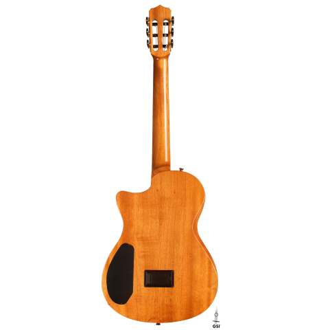 The back of a Cordoba "Stage Guitar Edge Burst" classical and electric hybrid guitar made with spruce and mahogany