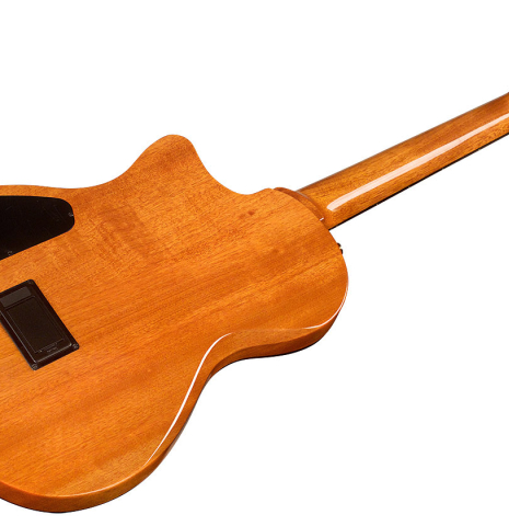 The back of a Cordoba "Stage Guitar Edge Burst" classical and electric hybrid guitar made with spruce and mahogany