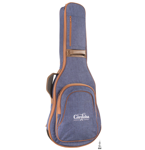 The guitar case of a Cordoba "Stage Guitar Edge Burst" classical and electric hybrid guitar made with recycled nylon