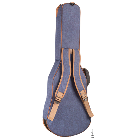 The back of the guitar case of a Cordoba "Stage Guitar Edge Burst" classical and electric hybrid guitar made with recycled nylon