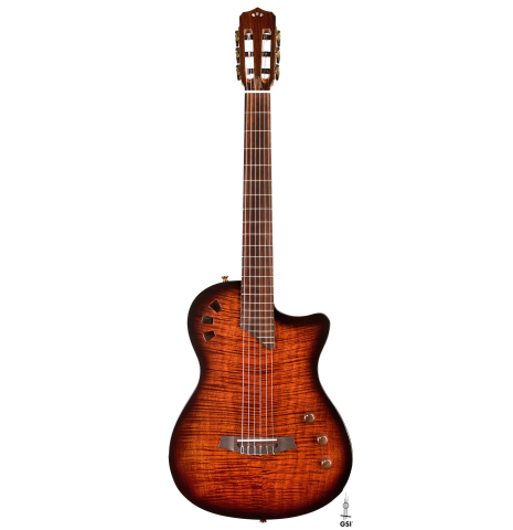 The front of a Cordoba "Stage Guitar Edge Burst" classical and electric hybrid guitar made with spruce and mahogany