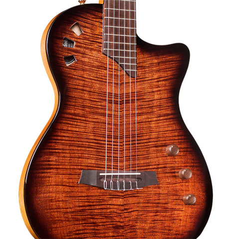 The front of a Cordoba &quot;Stage Guitar Edge Burst&quot; classical and electric hybrid guitar made with spruce and mahogany