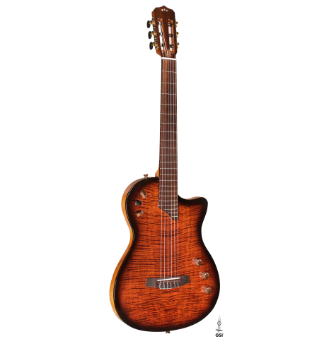 The front of a Cordoba "Stage Guitar Edge Burst" classical and electric hybrid guitar made with spruce and mahogany