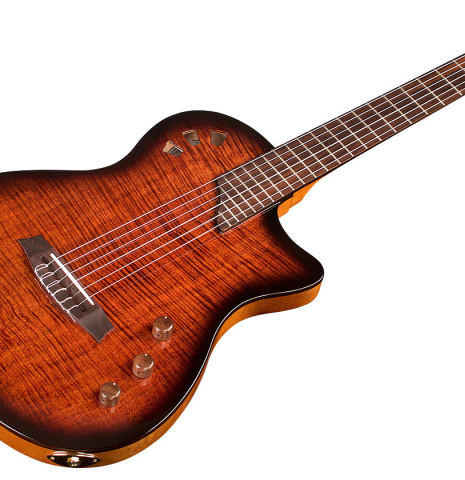 The soundboard and side of a Cordoba "Stage Guitar Edge Burst" classical and electric hybrid guitar made with spruce and mahogany