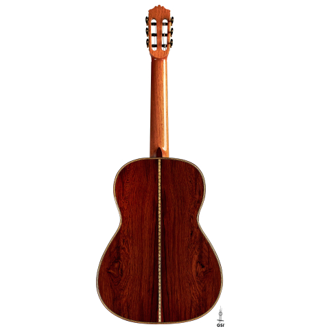 The back of a 2022 Cordoba &quot;20th Anniversary&quot; classical guitar made of spruce and African rosewood