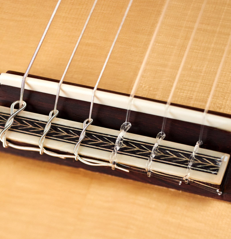 The bridge and nylon strings of a 2022 Cordoba &quot;20th Anniversary&quot; classical guitar made of spruce and African rosewood