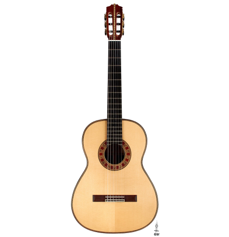 The front of a 2022 Cordoba &quot;20th Anniversary&quot; classical guitar made of spruce and African rosewood