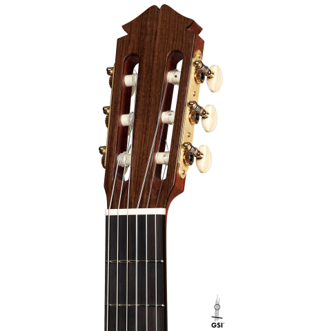 The headstock of a new Cordoba Luthier Select Series &quot;Santos Hernandez&quot; made of spruce and maple