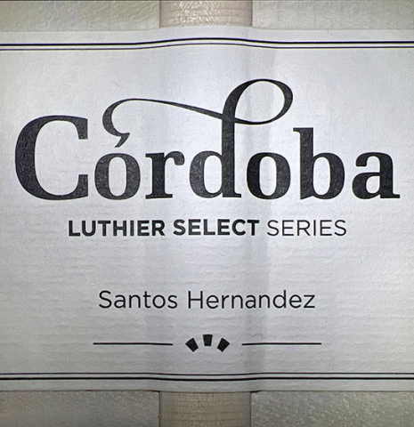 The label of a new Cordoba Luthier Select Series &quot;Santos Hernandez&quot; made of spruce and maple
