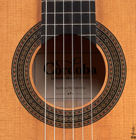 The rosette of a new Cordoba Luthier Select Series &quot;Santos Hernandez&quot; made of spruce and maple